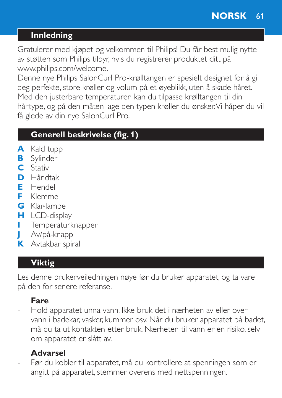 Fare, Advarsel, Norsk | Innledning, Generell beskrivelse (fig. 1), Viktig | Philips SalonCurl Pro Rizador User Manual | Page 61 / 88