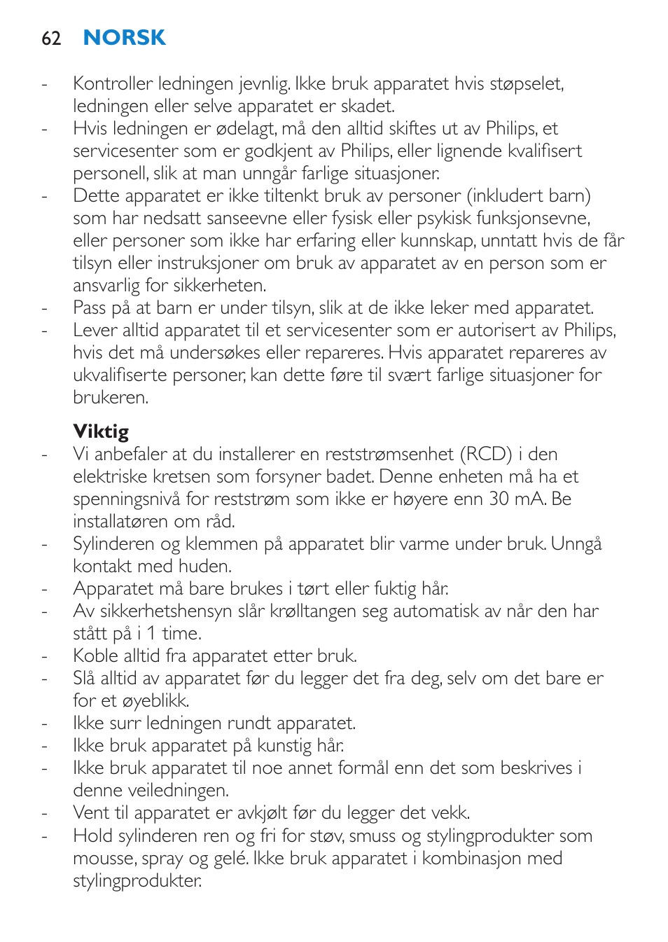 Viktig | Philips SalonCurl Pro Rizador User Manual | Page 62 / 88