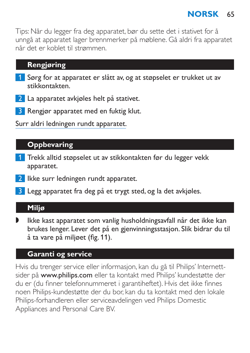 Rengjøring, Oppbevaring, Miljø | Garanti og service | Philips SalonCurl Pro Rizador User Manual | Page 65 / 88