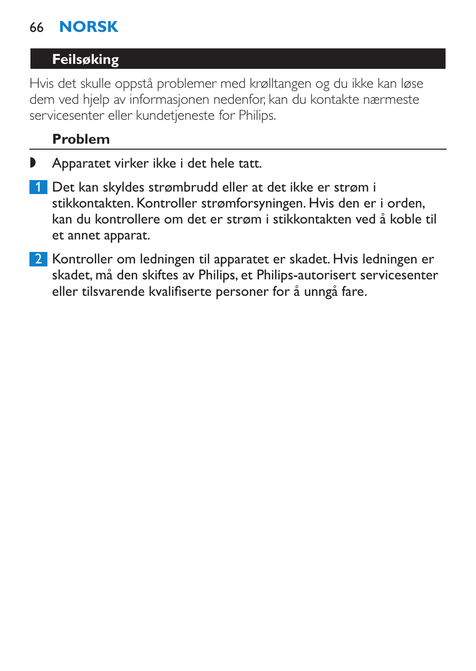 Feilsøking, Problem | Philips SalonCurl Pro Rizador User Manual | Page 66 / 88