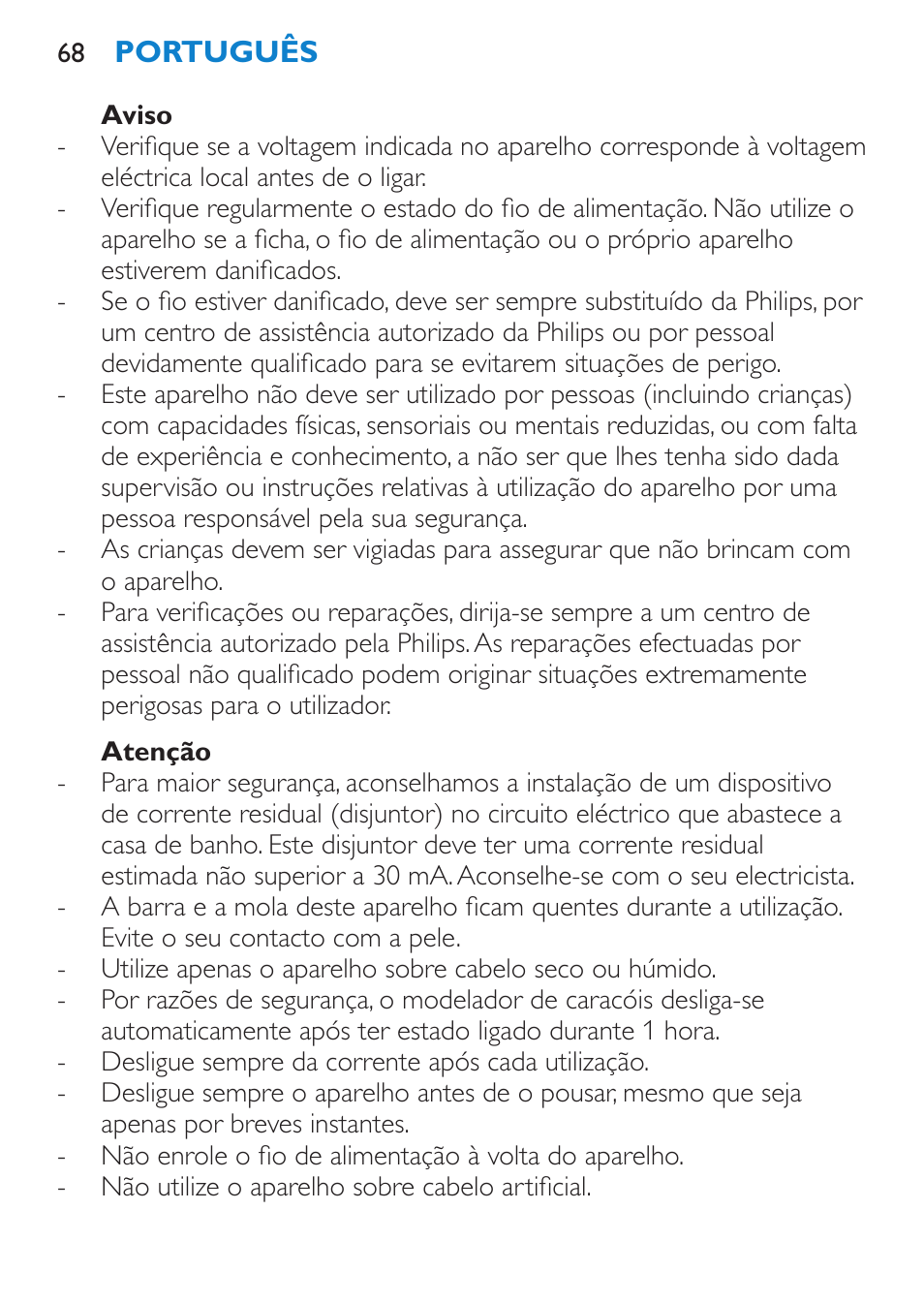 Aviso, Atenção | Philips SalonCurl Pro Rizador User Manual | Page 68 / 88