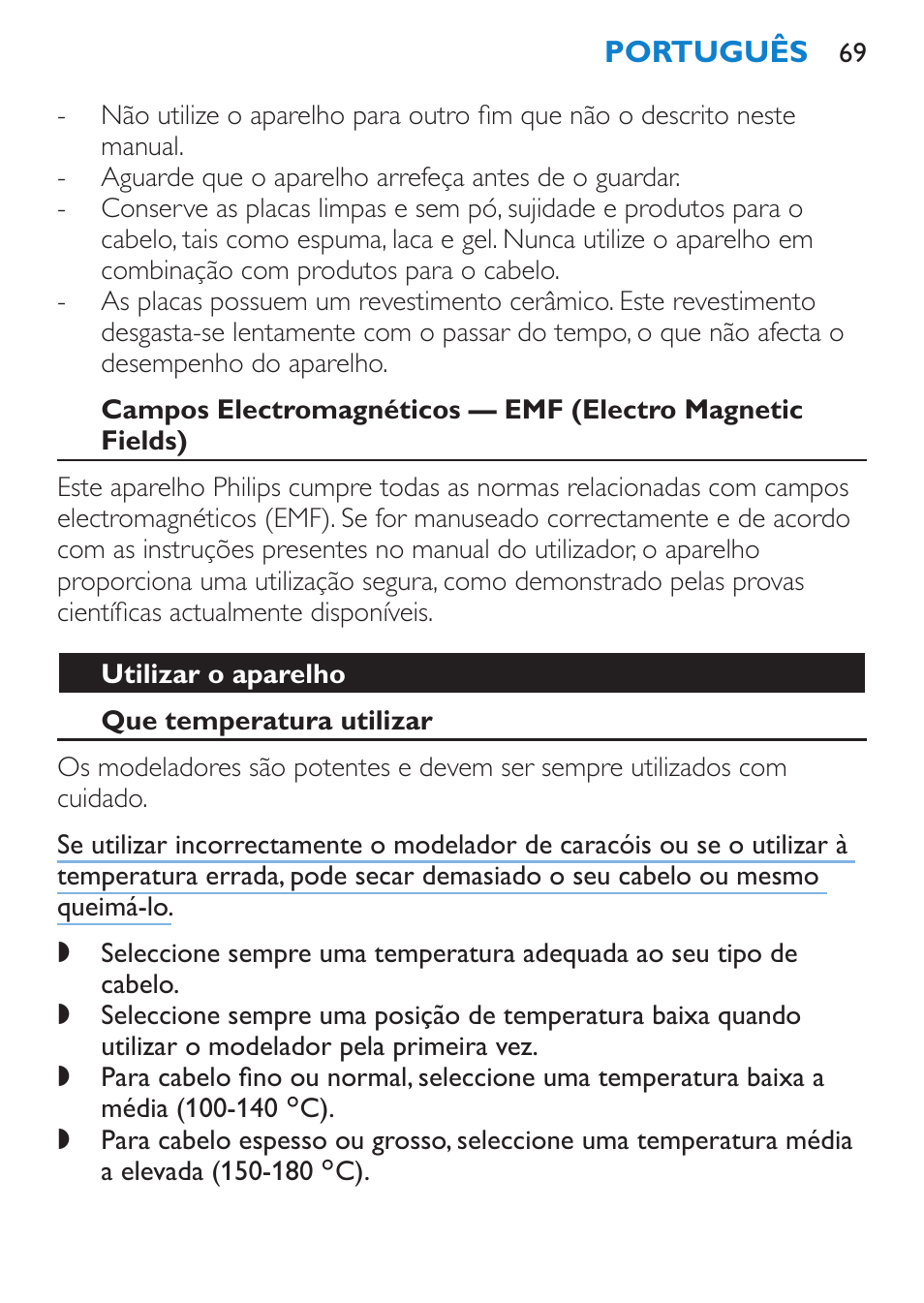 Utilizar o aparelho, Que temperatura utilizar | Philips SalonCurl Pro Rizador User Manual | Page 69 / 88