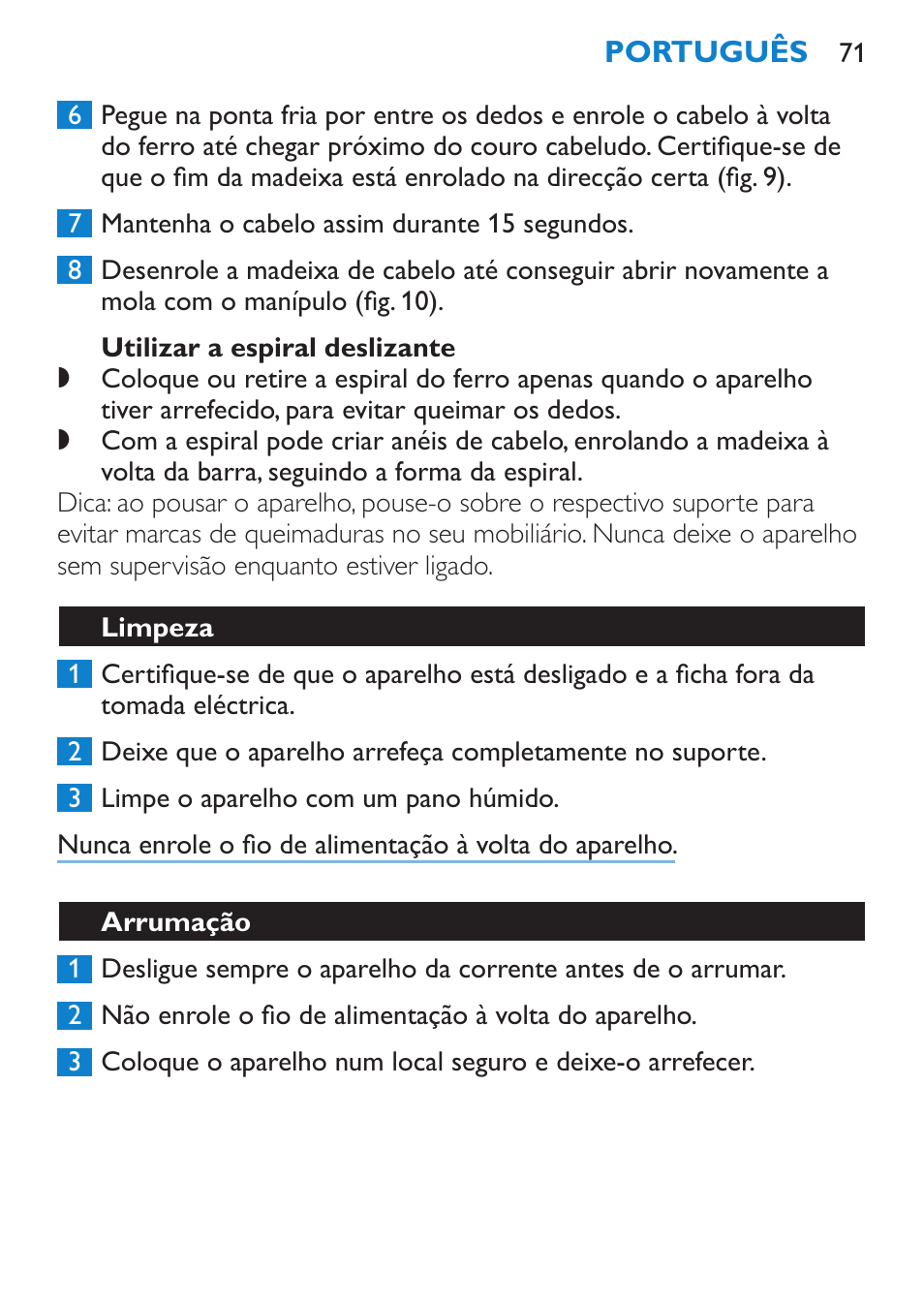 Utilizar a espiral deslizante, Limpeza, Arrumação | Philips SalonCurl Pro Rizador User Manual | Page 71 / 88