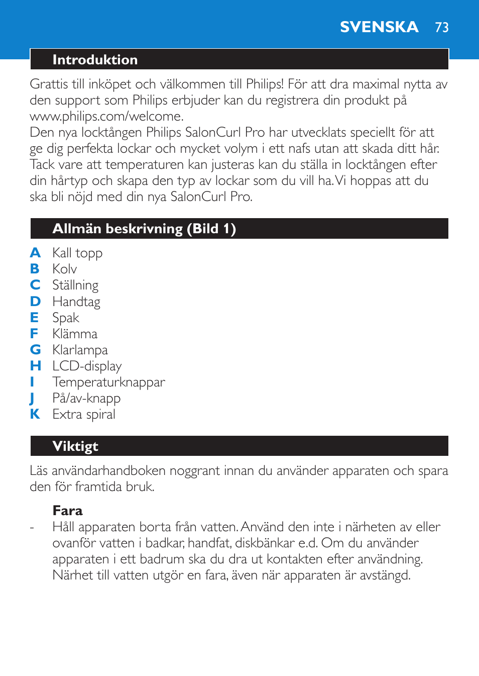 Fara, Svenska, Introduktion | Allmän beskrivning (bild 1), Viktigt | Philips SalonCurl Pro Rizador User Manual | Page 73 / 88