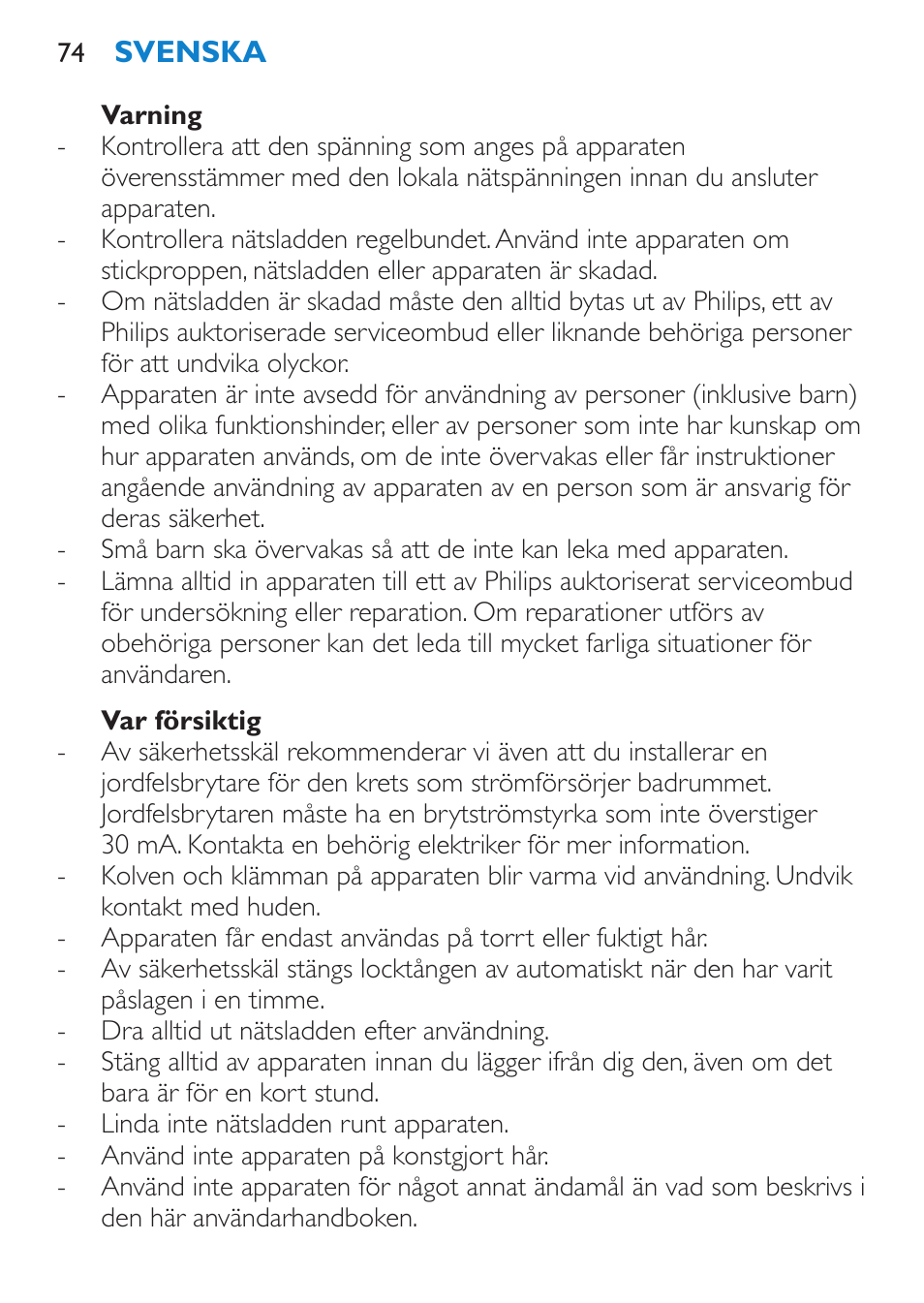 Varning, Var försiktig | Philips SalonCurl Pro Rizador User Manual | Page 74 / 88