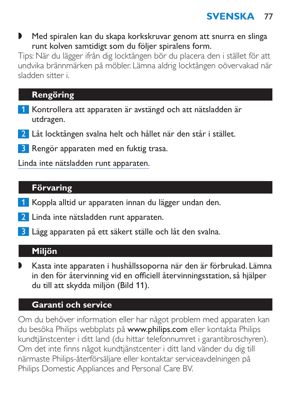 Rengöring, Förvaring, Miljön | Garanti och service | Philips SalonCurl Pro Rizador User Manual | Page 77 / 88