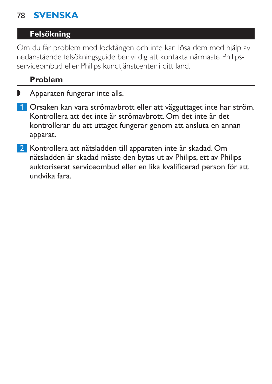 Felsökning, Problem | Philips SalonCurl Pro Rizador User Manual | Page 78 / 88
