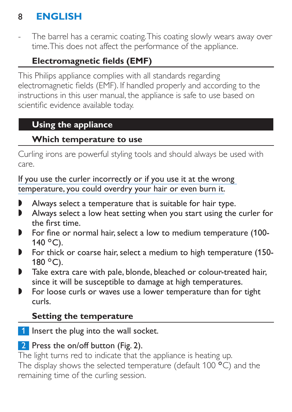 Electromagnetic fields (emf), Using the appliance, Which temperature to use | Setting the temperature | Philips SalonCurl Pro Rizador User Manual | Page 8 / 88
