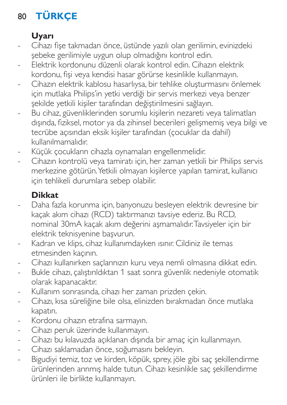 Uyarı, Dikkat | Philips SalonCurl Pro Rizador User Manual | Page 80 / 88