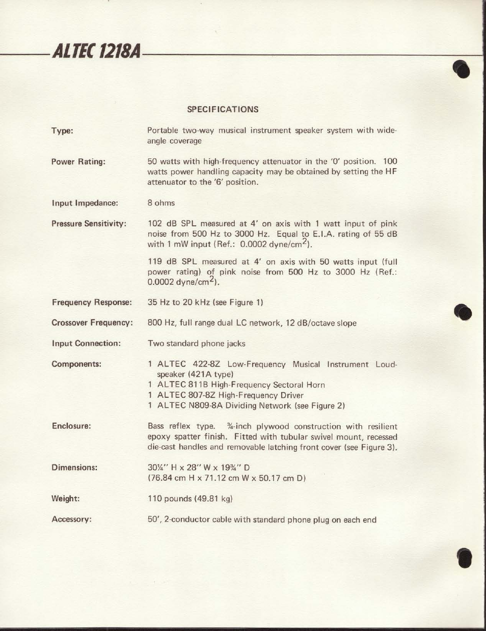 Altec 1218a | Altec Lansing 1218A User Manual | Page 2 / 4