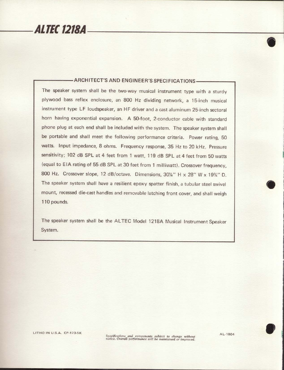 Altbc1218a | Altec Lansing 1218A User Manual | Page 4 / 4