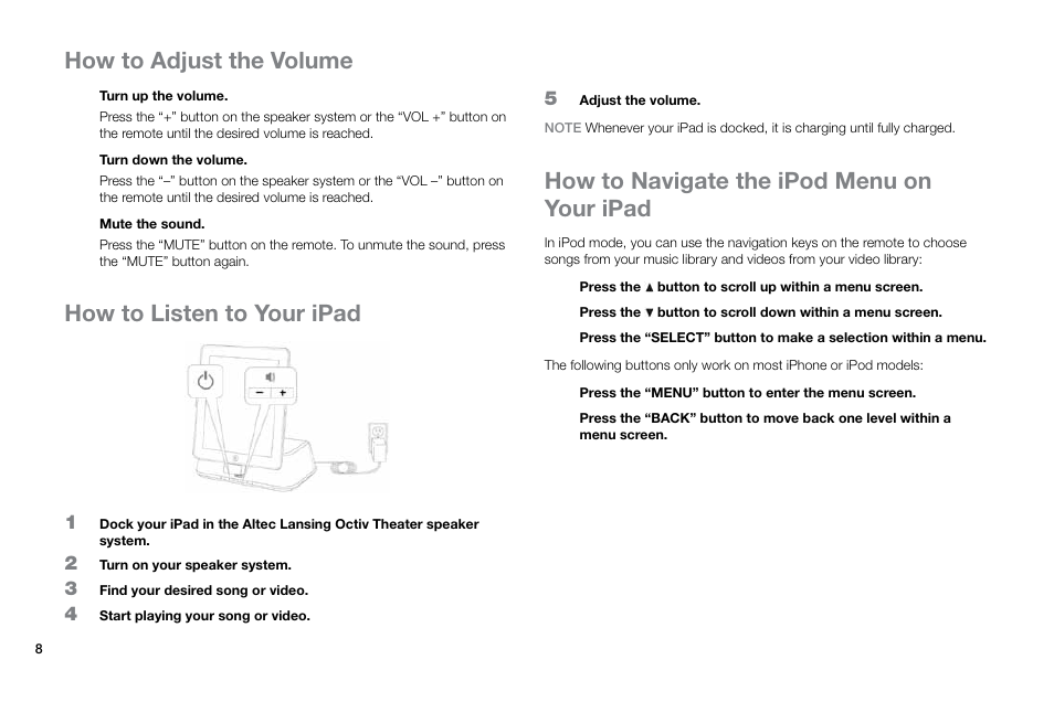 How to listen to your ipad, How to navigate the ipod menu on your ipad, How to adjust the volume | Altec Lansing Octiv Theater MP450 User Manual | Page 10 / 60