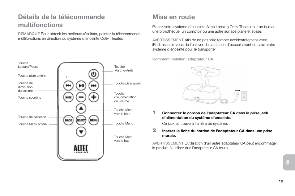 Détails de la télécommande multifonctions, Mise en route | Altec Lansing Octiv Theater MP450 User Manual | Page 21 / 60