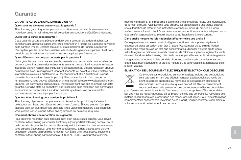 Garantie | Altec Lansing Octiv Theater MP450 User Manual | Page 29 / 60