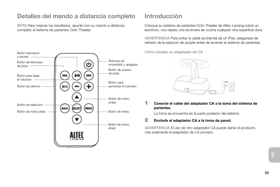 Detalles del mando a distancia completo, Introducción | Altec Lansing Octiv Theater MP450 User Manual | Page 35 / 60