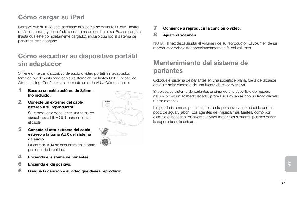 Mantenimiento del sistema de parlantes, Cómo cargar su ipad | Altec Lansing Octiv Theater MP450 User Manual | Page 39 / 60