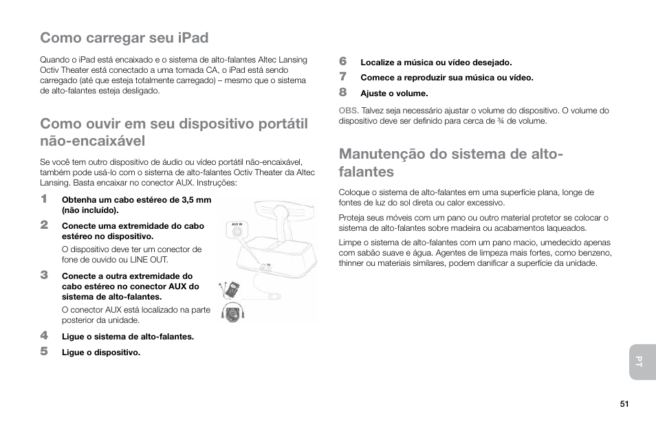 Manutenção do sistema de alto- falantes, Como carregar seu ipad | Altec Lansing Octiv Theater MP450 User Manual | Page 53 / 60