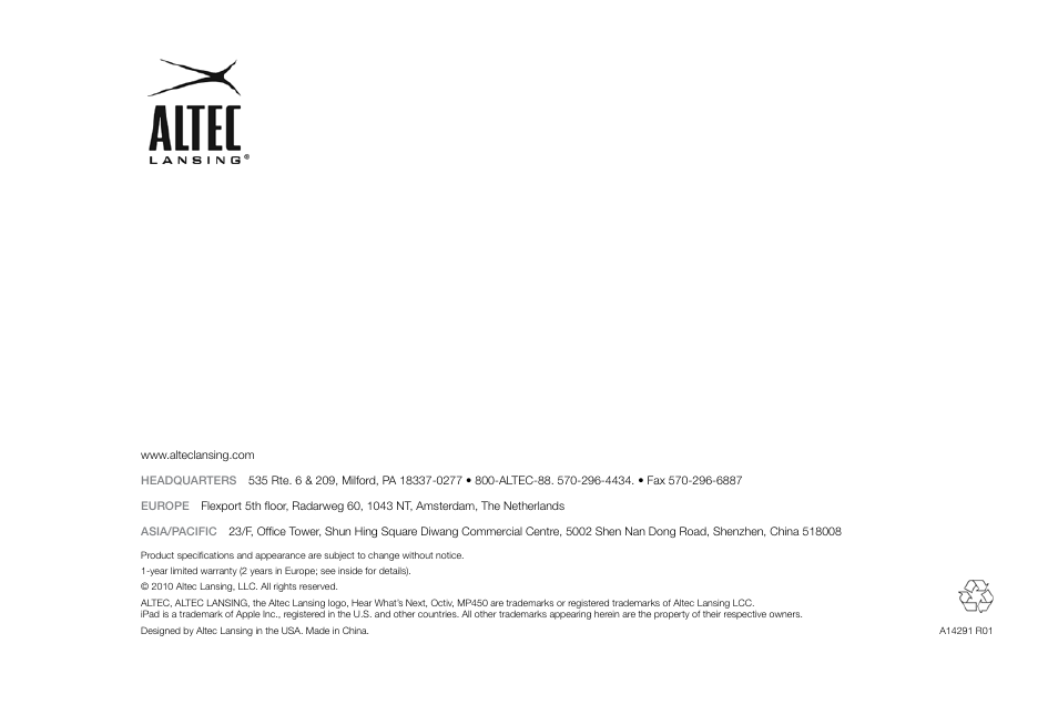 Altec Lansing Octiv Theater MP450 User Manual | Page 60 / 60