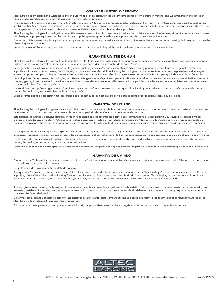 Altec Lansing 2100 User Manual | Page 16 / 16