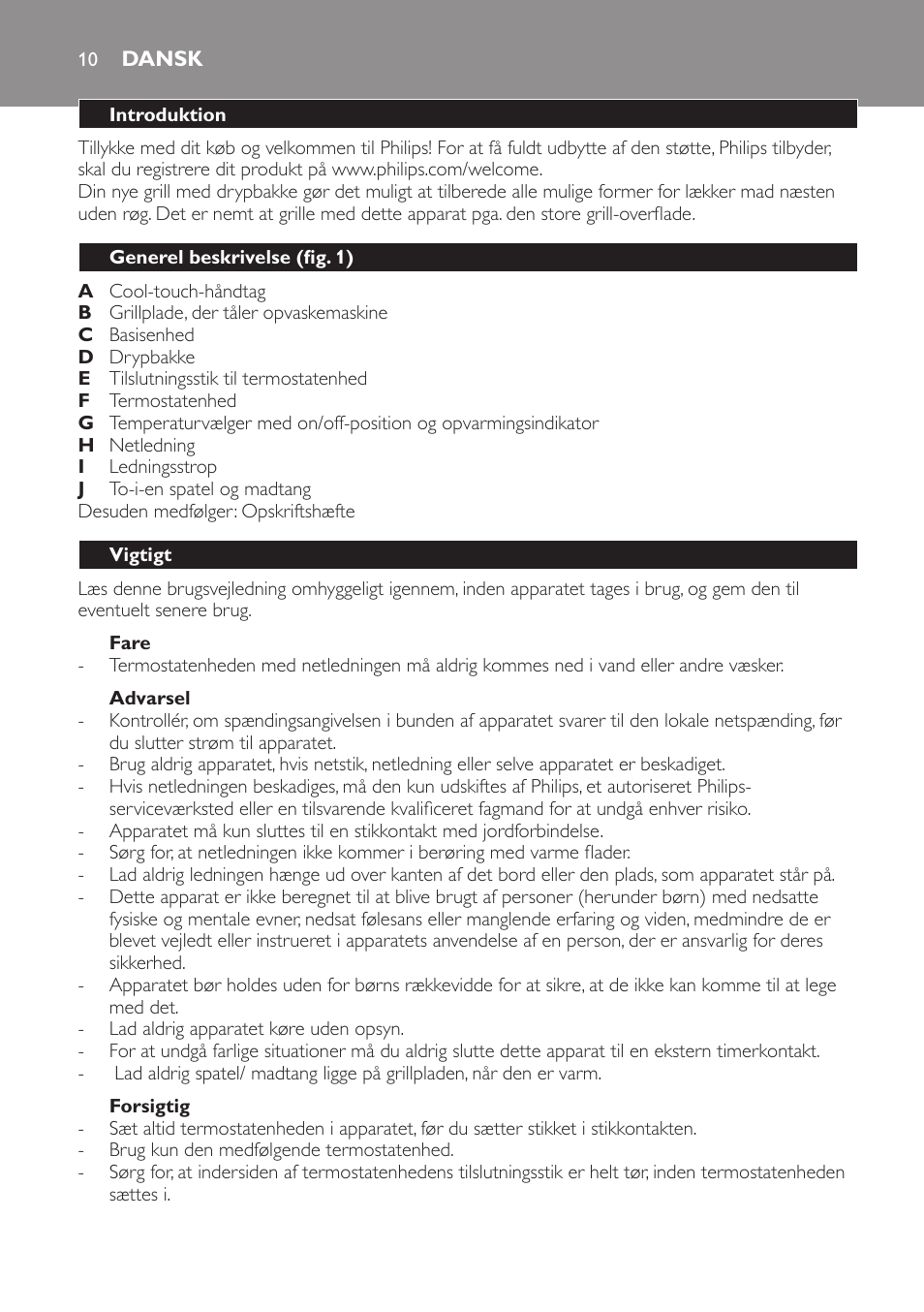 Fare, Advarsel, Forsigtig | Dansk, Introduktion, Generel beskrivelse (fig. 1), Vigtigt | Philips Plancha-parrilla User Manual | Page 10 / 88