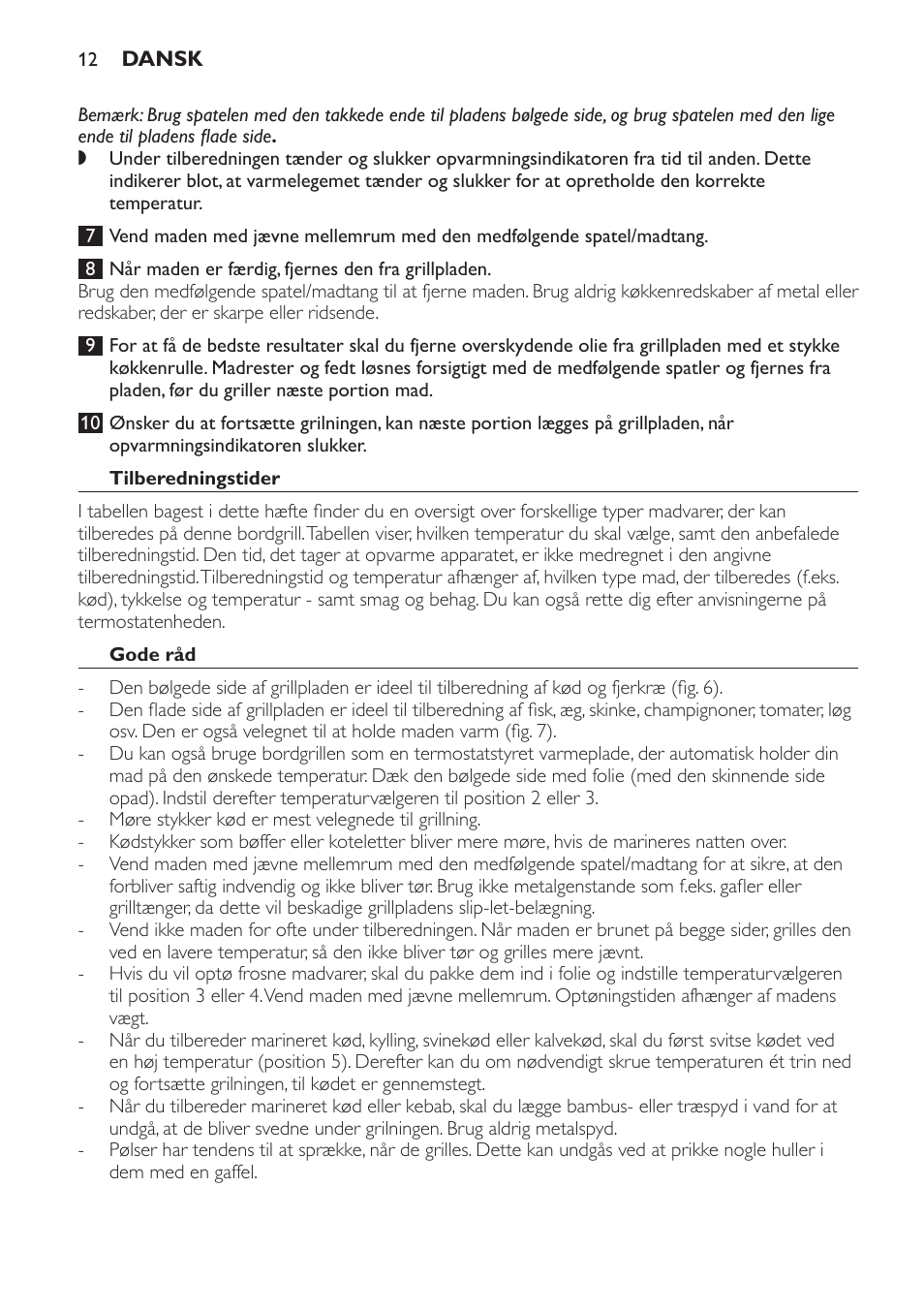 Tilberedningstider, Gode råd | Philips Plancha-parrilla User Manual | Page 12 / 88