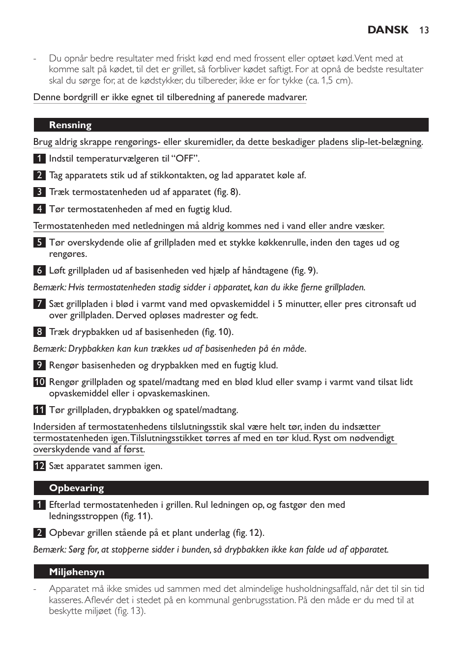 Rensning, Opbevaring, Miljøhensyn | Reklamationsret og service | Philips Plancha-parrilla User Manual | Page 13 / 88