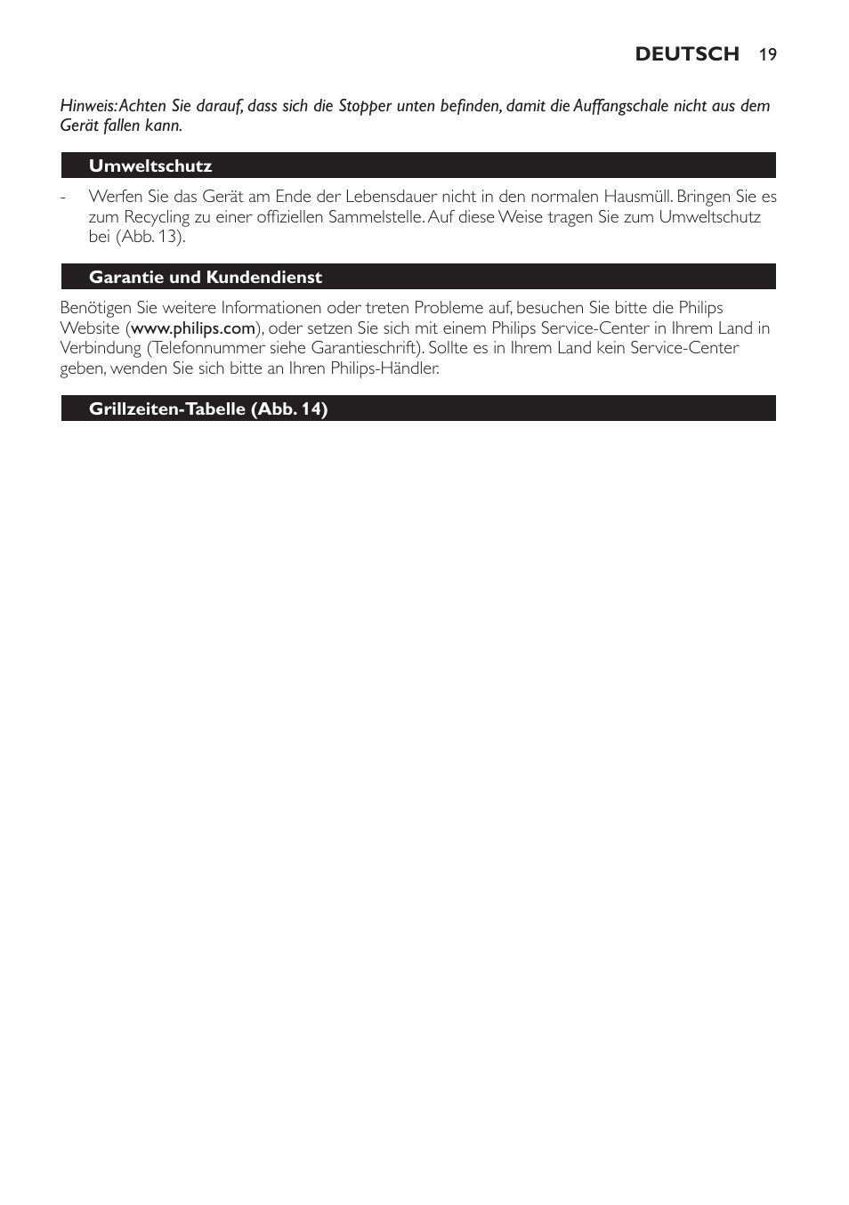 Umweltschutz, Garantie und kundendienst, Grillzeiten-tabelle (abb. 14) | Philips Plancha-parrilla User Manual | Page 19 / 88