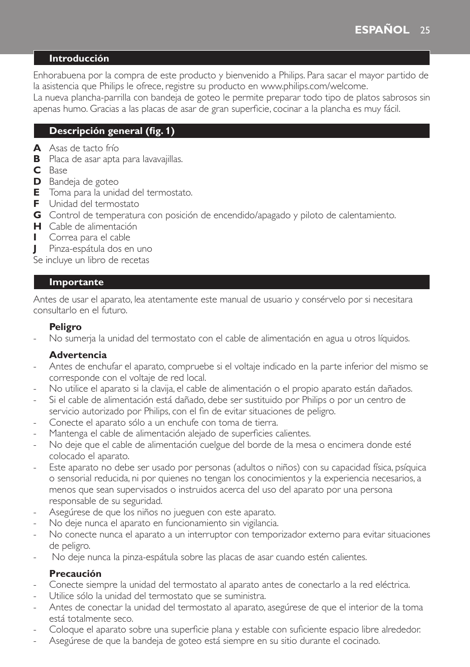 Peligro, Advertencia, Precaución | Español, Introducción, Descripción general (fig. 1), Importante | Philips Plancha-parrilla User Manual | Page 25 / 88