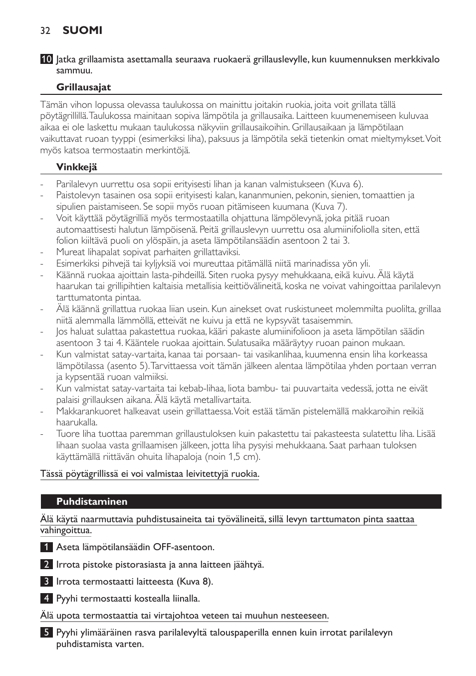 Grillausajat, Vinkkejä, Puhdistaminen | Philips Plancha-parrilla User Manual | Page 32 / 88