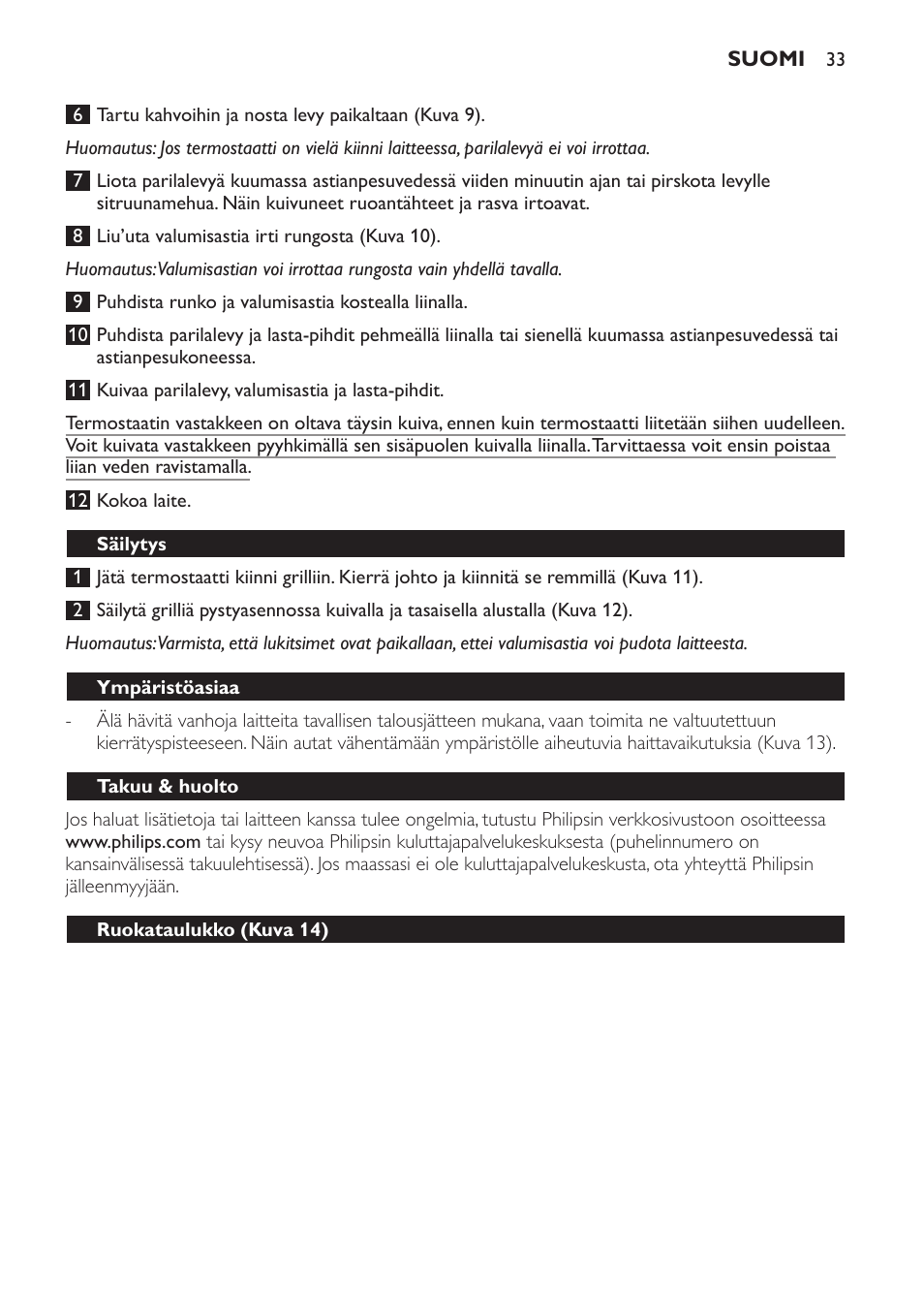 Säilytys, Ympäristöasiaa, Takuu & huolto | Ruokataulukko (kuva 14) | Philips Plancha-parrilla User Manual | Page 33 / 88