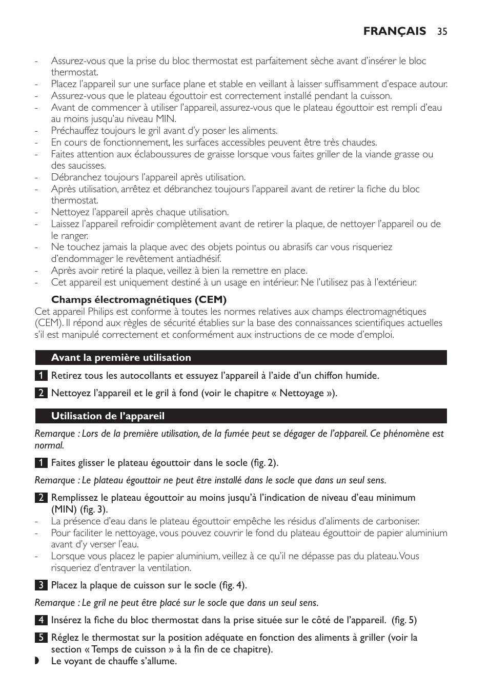 Champs électromagnétiques (cem), Avant la première utilisation, Utilisation de l’appareil | Philips Plancha-parrilla User Manual | Page 35 / 88