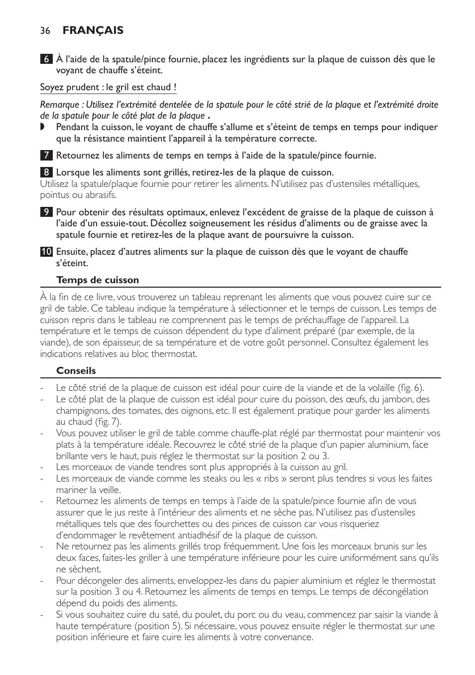 Temps de cuisson, Conseils | Philips Plancha-parrilla User Manual | Page 36 / 88