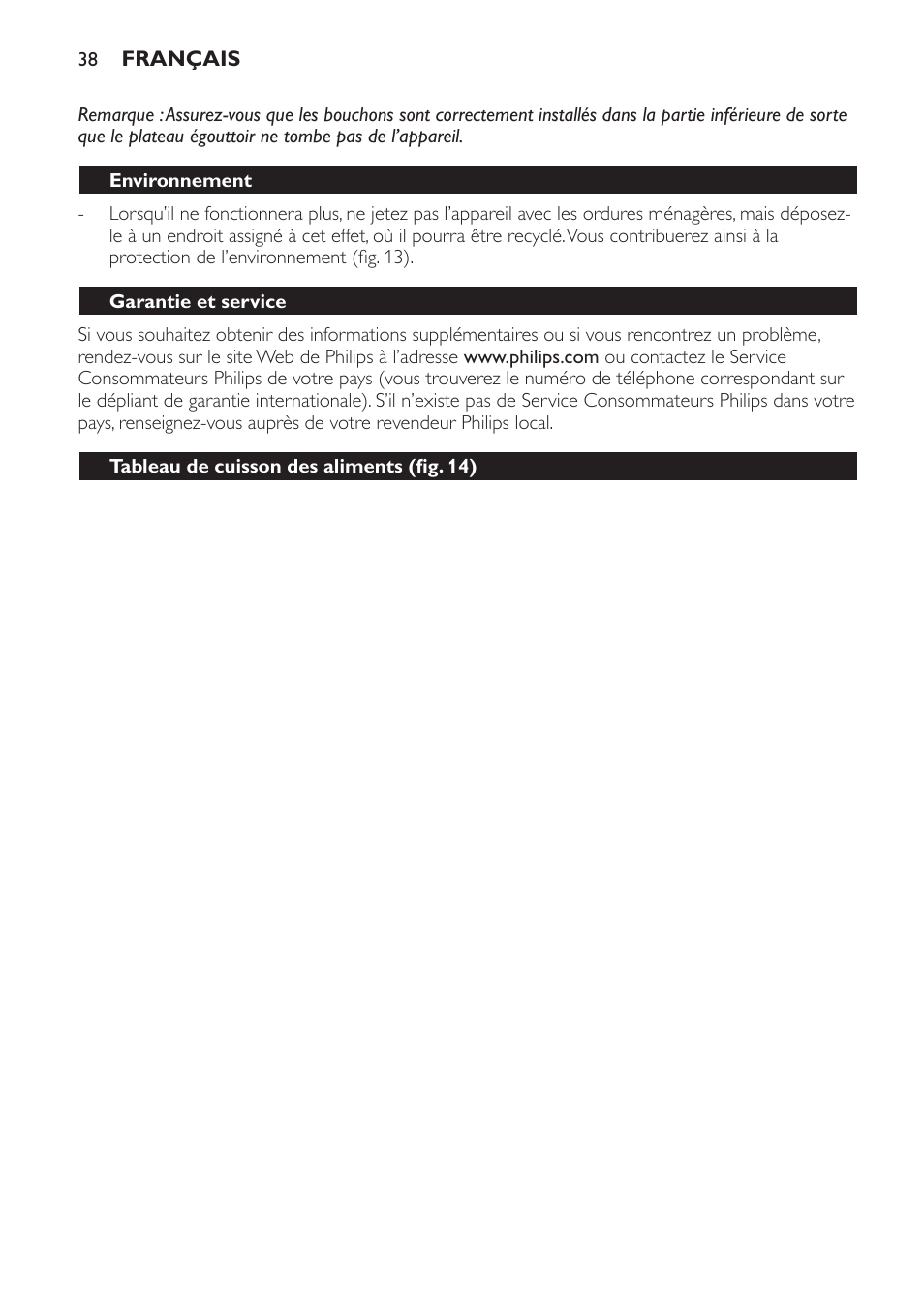 Environnement, Garantie et service, Tableau de cuisson des aliments (fig. 14) | Philips Plancha-parrilla User Manual | Page 38 / 88