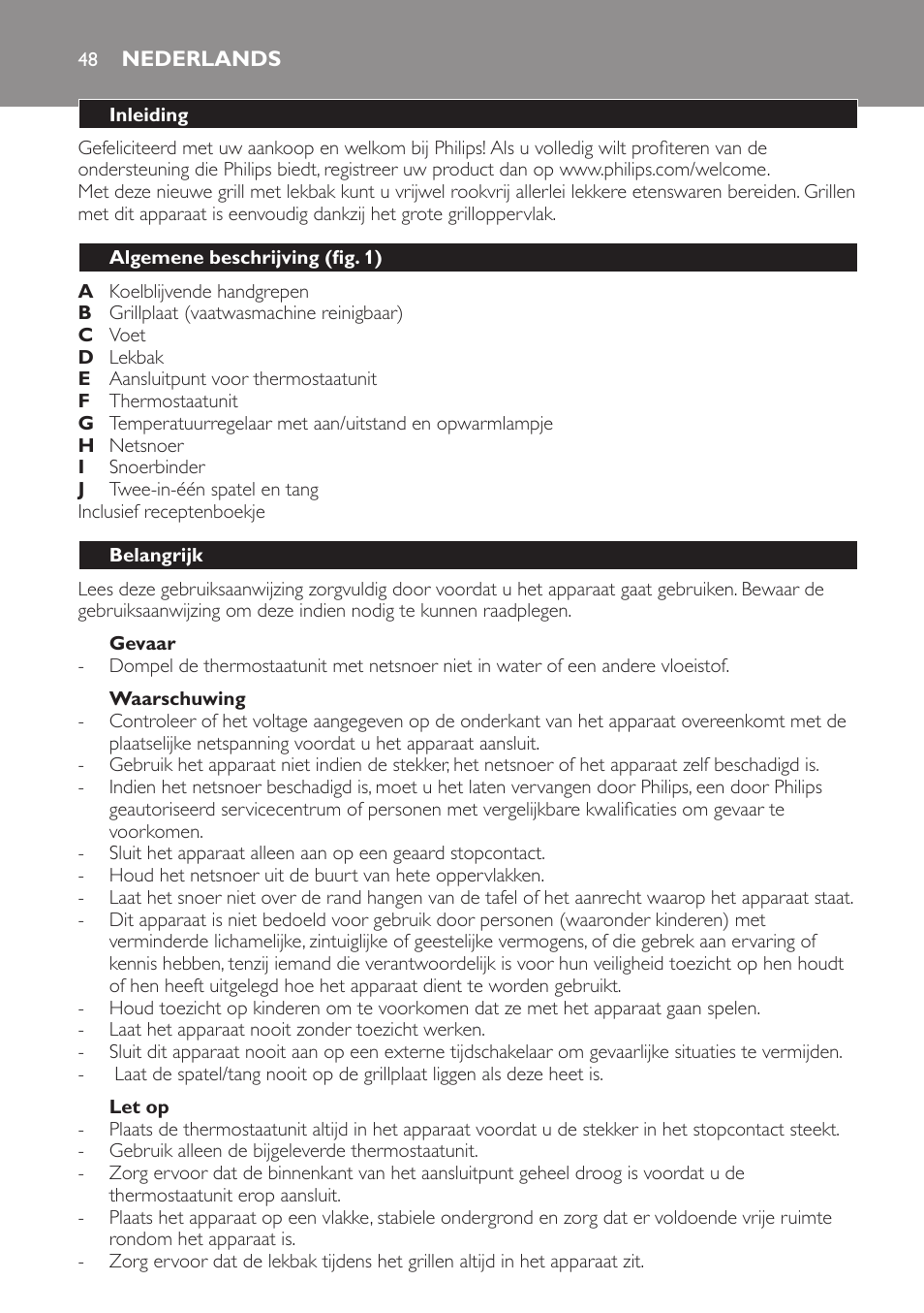 Gevaar, Waarschuwing, Let op | Nederlands, Inleiding, Algemene beschrijving (fig. 1), Belangrijk | Philips Plancha-parrilla User Manual | Page 48 / 88