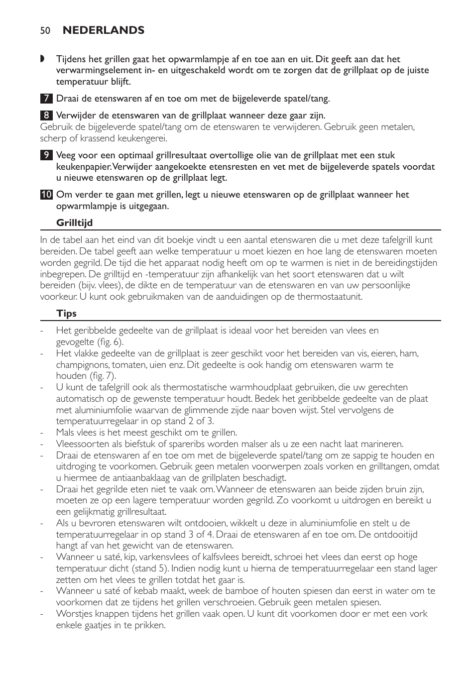 Grilltijd, Tips | Philips Plancha-parrilla User Manual | Page 50 / 88