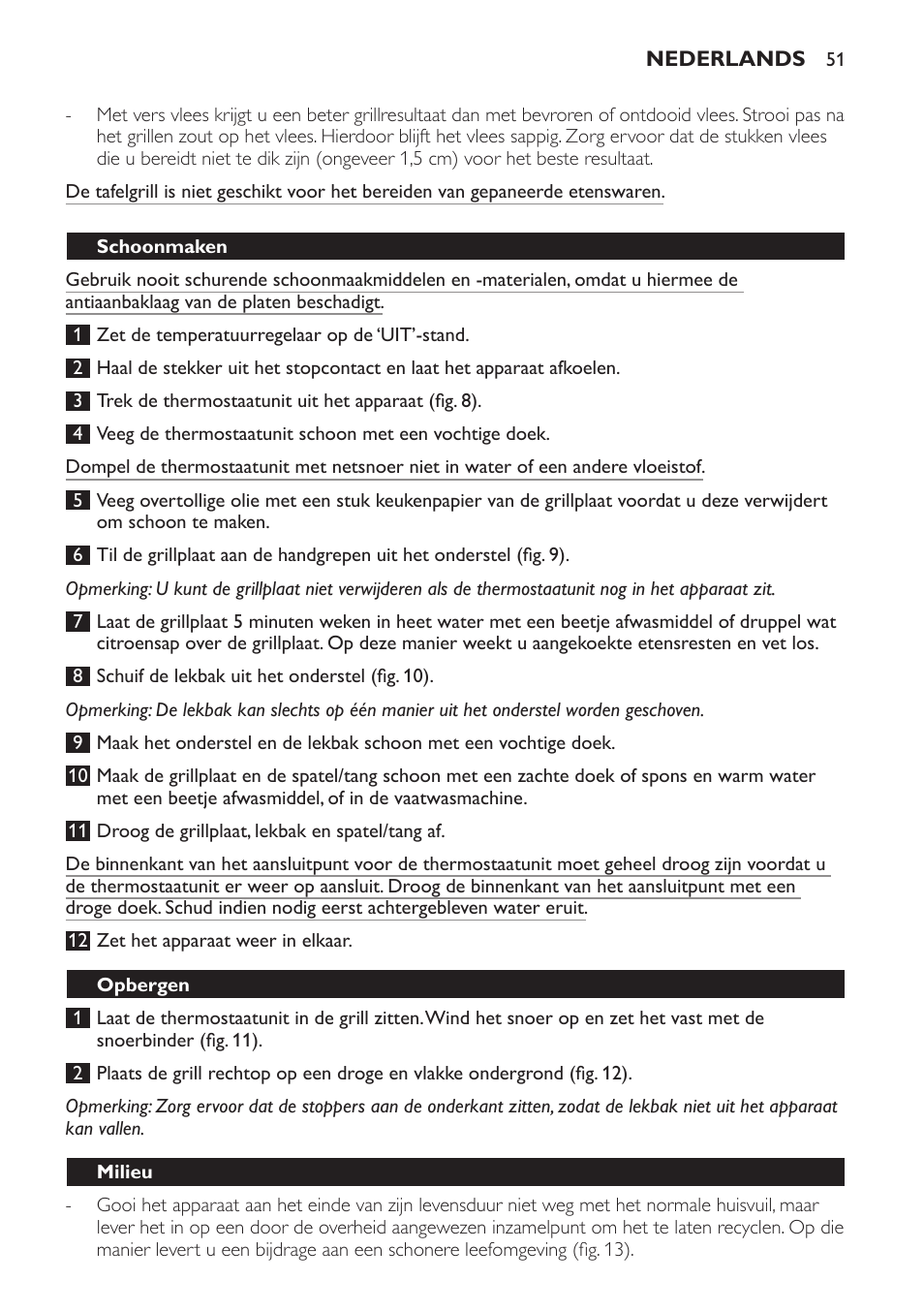 Schoonmaken, Opbergen, Milieu | Philips Plancha-parrilla User Manual | Page 51 / 88