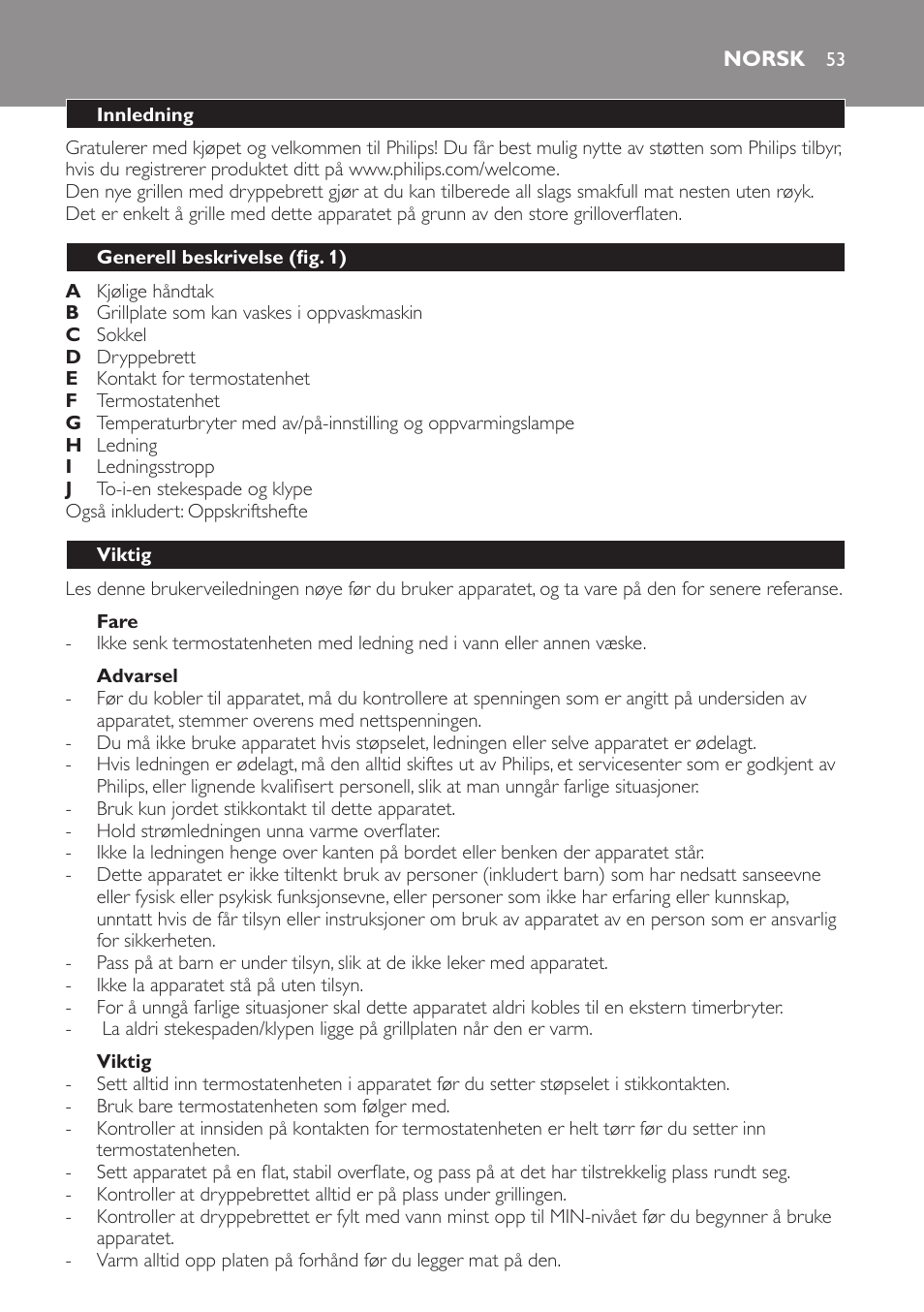 Fare, Advarsel, Viktig | Norsk, Innledning, Generell beskrivelse (fig. 1) | Philips Plancha-parrilla User Manual | Page 53 / 88