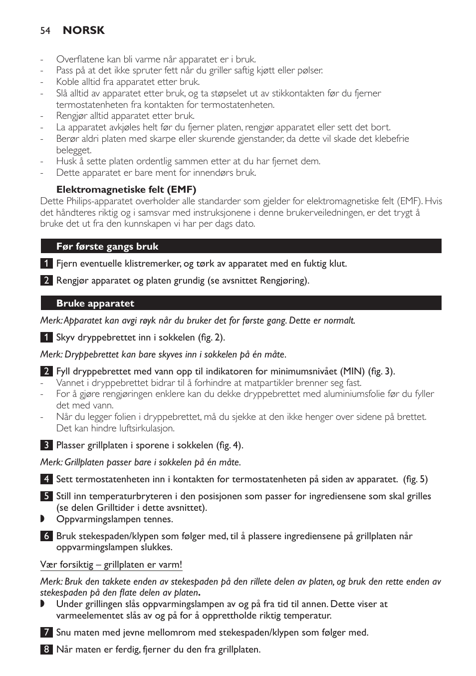 Elektromagnetiske felt (emf), Før første gangs bruk, Bruke apparatet | Philips Plancha-parrilla User Manual | Page 54 / 88