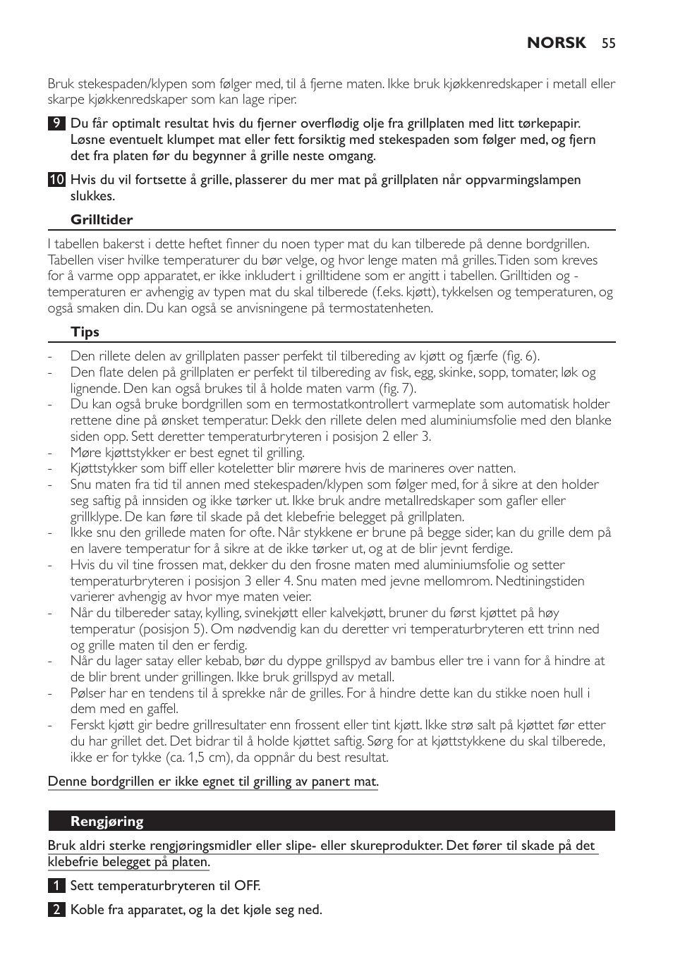 Grilltider, Tips, Rengjøring | Philips Plancha-parrilla User Manual | Page 55 / 88