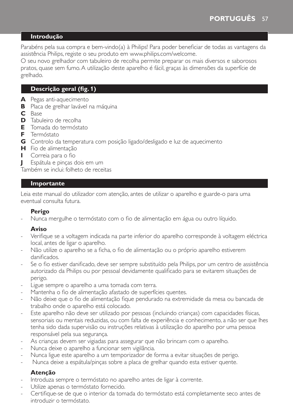 Perigo, Aviso, Atenção | Português, Introdução, Descrição geral (fig. 1), Importante | Philips Plancha-parrilla User Manual | Page 57 / 88