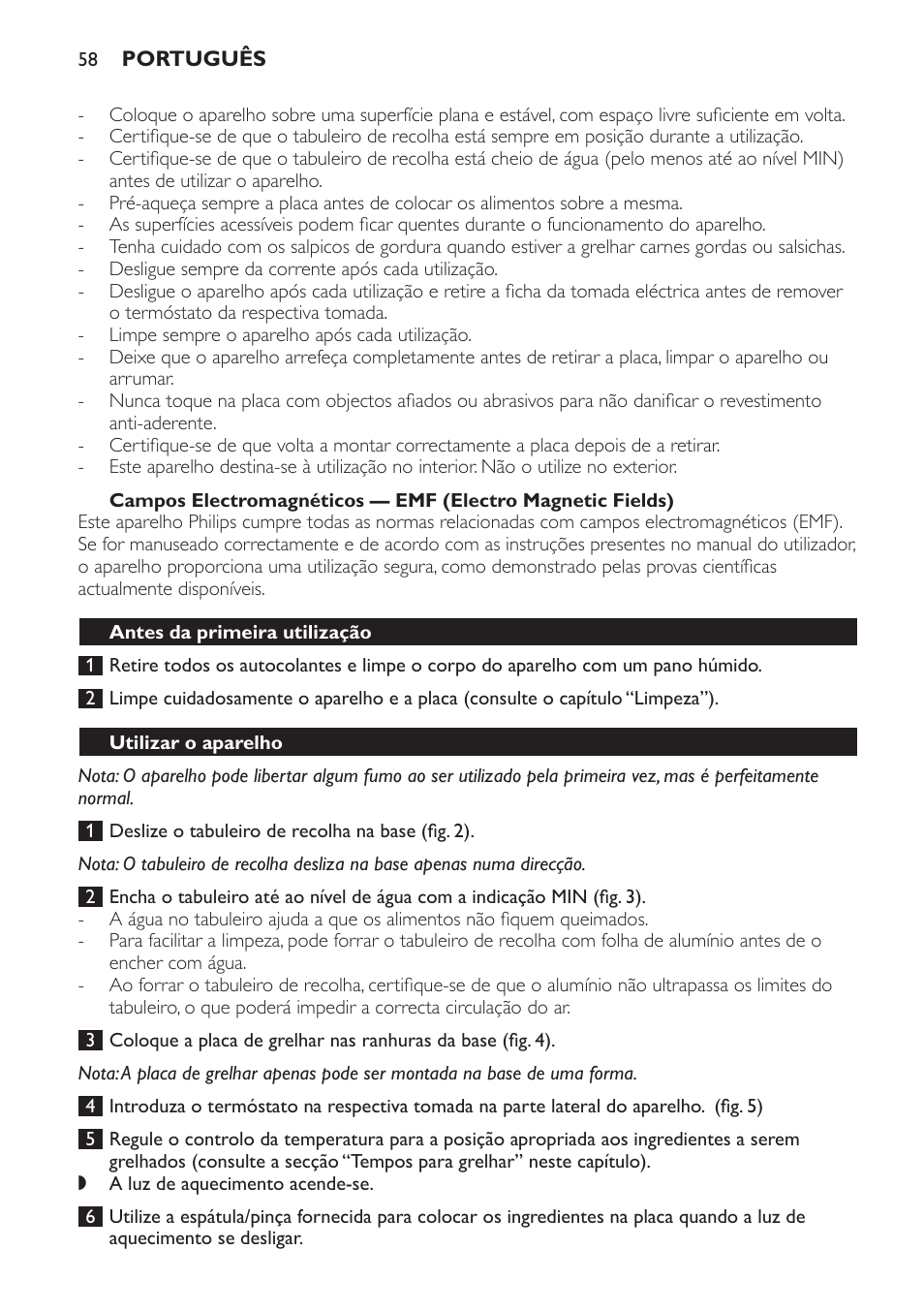 Antes da primeira utilização, Utilizar o aparelho | Philips Plancha-parrilla User Manual | Page 58 / 88