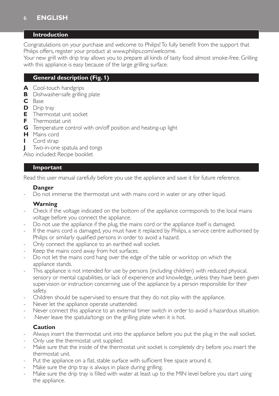 English, Introduction, General description (fig. 1) | Important, Danger, Warning, Caution | Philips Plancha-parrilla User Manual | Page 6 / 88