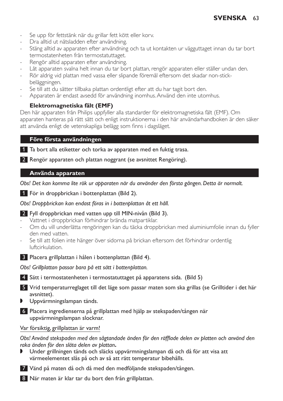 Elektromagnetiska fält (emf), Före första användningen, Använda apparaten | Philips Plancha-parrilla User Manual | Page 63 / 88