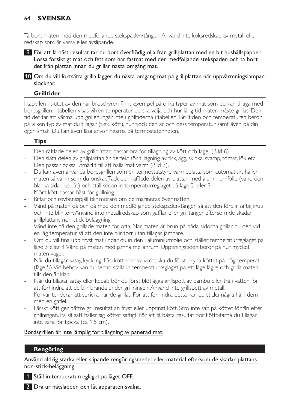 Grilltider, Tips, Rengöring | Philips Plancha-parrilla User Manual | Page 64 / 88
