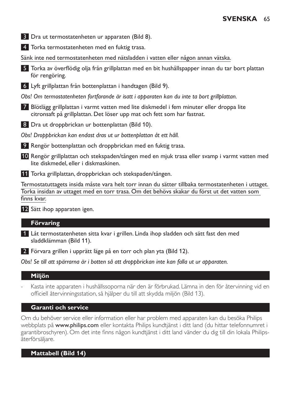 Förvaring, Miljön, Garanti och service | Mattabell (bild 14) | Philips Plancha-parrilla User Manual | Page 65 / 88
