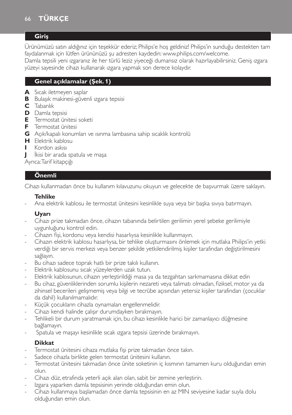 Tehlike, Uyarı, Dikkat | Türkçe, Giriş, Genel açıklamalar (şek. 1), Önemli | Philips Plancha-parrilla User Manual | Page 66 / 88