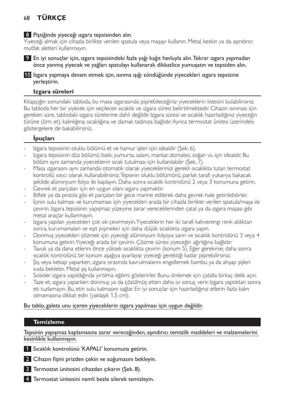 Izgara süreleri, Ipuçları, Temizleme | Philips Plancha-parrilla User Manual | Page 68 / 88