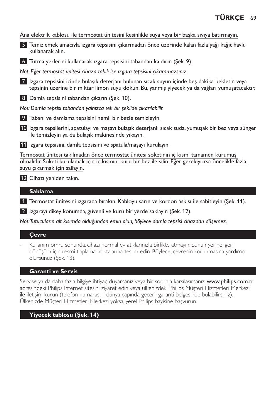 Saklama, Çevre, Garanti ve servis | Yiyecek tablosu (şek. 14) | Philips Plancha-parrilla User Manual | Page 69 / 88