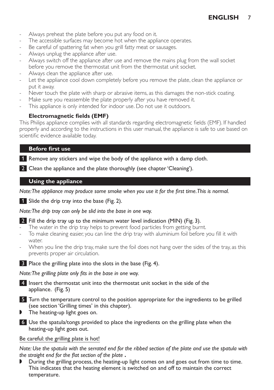 Electromagnetic fields (emf), Before first use, Using the appliance | Philips Plancha-parrilla User Manual | Page 7 / 88