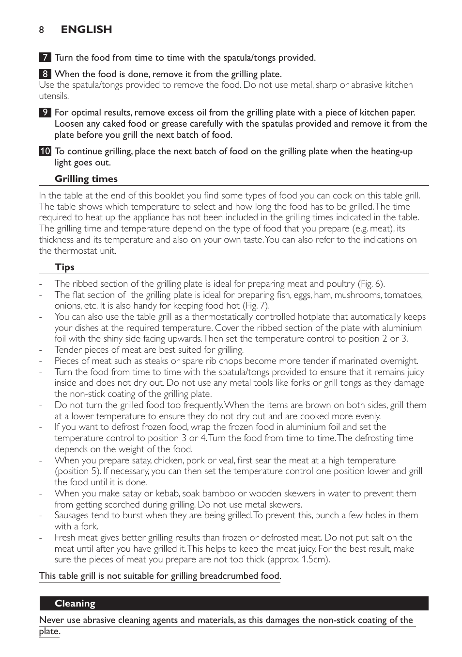 Grilling times, Tips, Cleaning | Philips Plancha-parrilla User Manual | Page 8 / 88